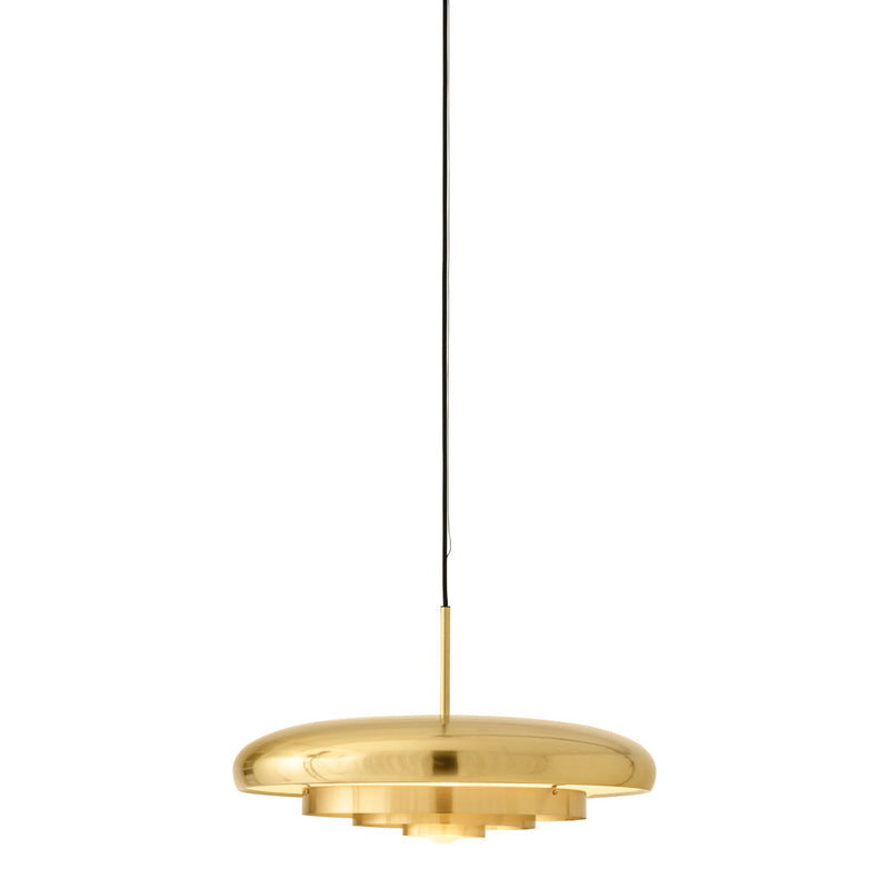 Sleek gold pendant light with smooth metallic finish, hung from a black cord against a white background.