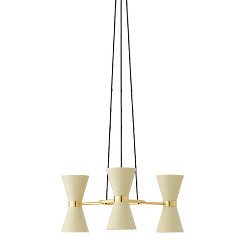 Cream cone-shaped lamps with gold accents and sleek black cords, offering a modern and elegant design.