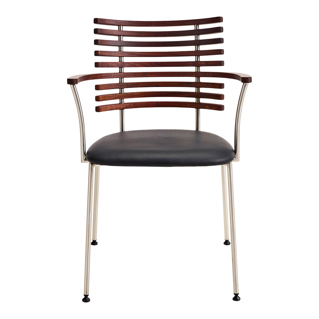 Brown slatted backrest, black cushioned seat, and metallic legs combine for a modern, stylish chair design.