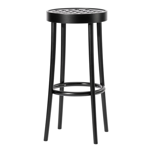 Black bar stool with a circular, perforated seat and slender legs. Sleek, modern design for any space.