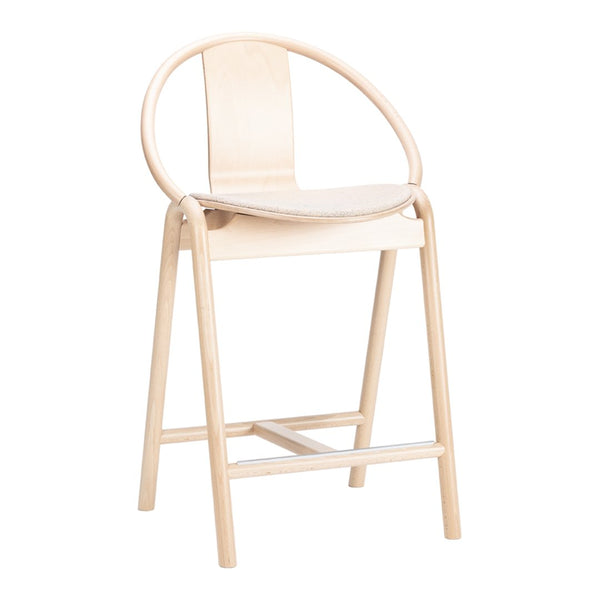 Light natural wood bar chair with a smooth, minimalist design and oval backrest, showcasing a neutral color palette.
