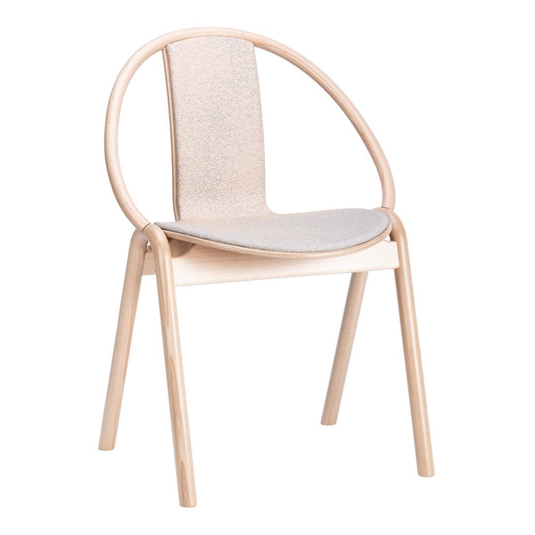 Light wood frame with a beige fabric seat and backrest, featuring a minimalist design and soft, neutral tones.