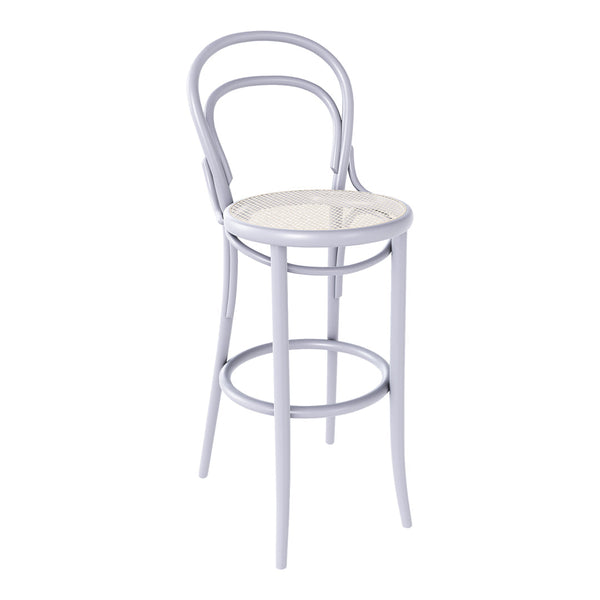 Light lavender bar stool with a smooth, round white seat and classic bentwood design, perfect for stylish decor.