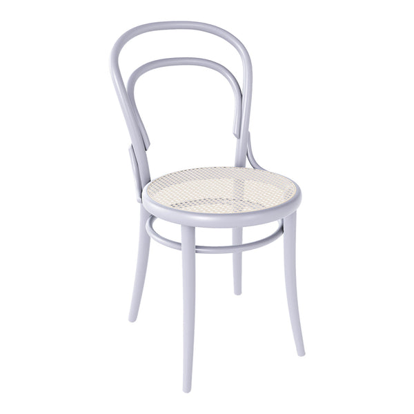 Light lavender chair with a woven rattan seat and curved backrest, showcasing a modern, minimalist design.
