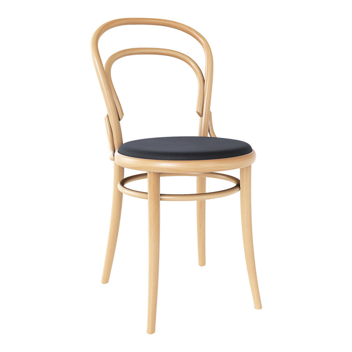 Light wood chair with a curved design and a sleek black cushioned seat. Simple, elegant, and modern aesthetic.