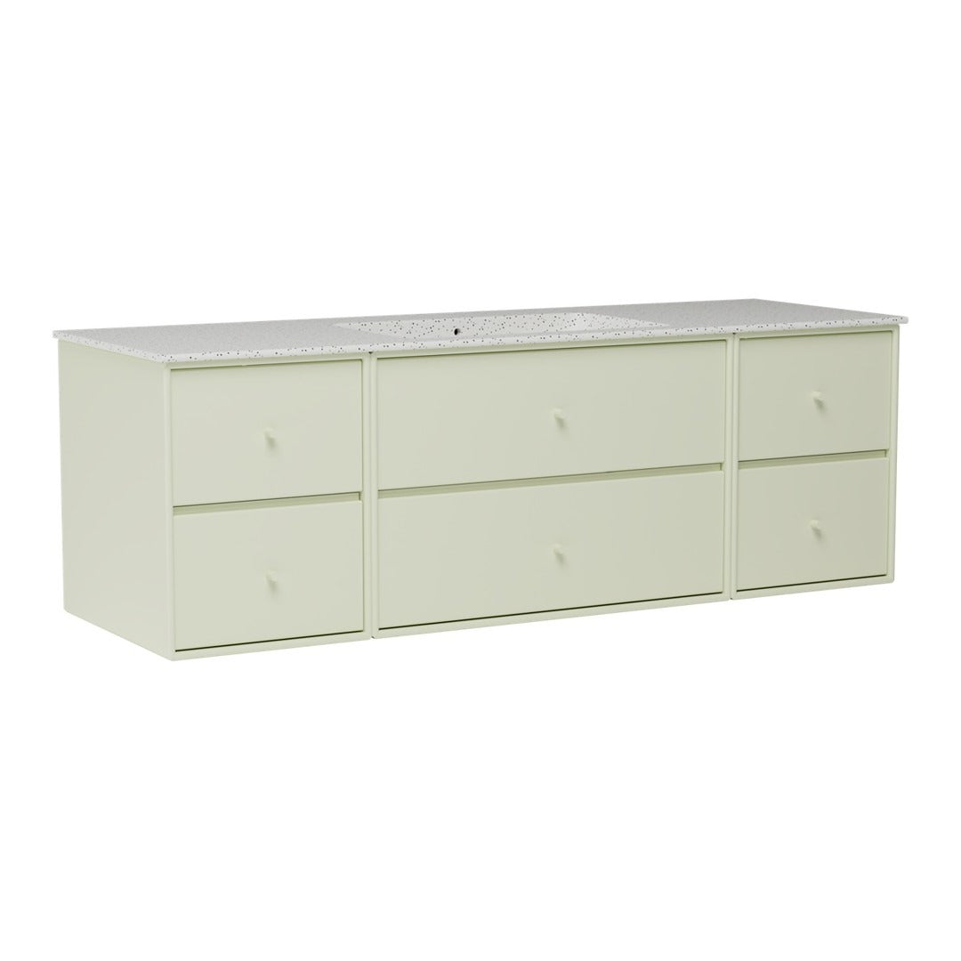 Light green storage cabinet with a smooth top and six minimalist drawers, featuring simple round knobs.