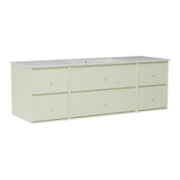 Light green storage cabinet with a smooth top and six minimalist drawers, featuring simple round knobs.