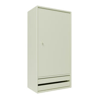 Light green wardrobe with a minimalist design and smooth surface, featuring a single drawer at the bottom.