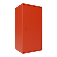 Bright red storage cabinet with a sleek, solid design. Perfect for adding a pop of color to any space.
