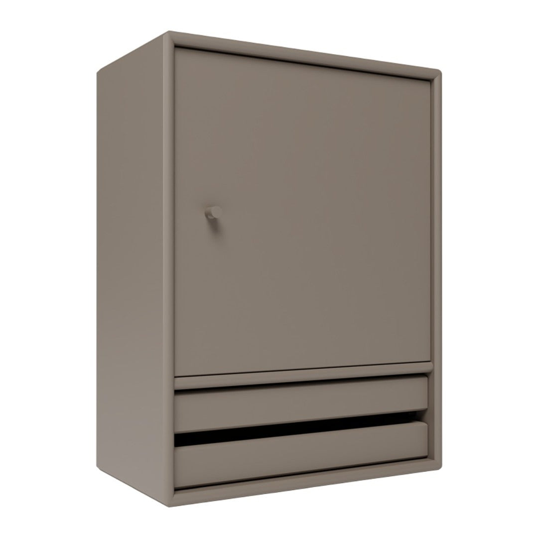Neutral taupe cabinet with a smooth finish, featuring a minimalist design and subtle drawer lines.