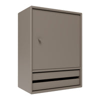 Neutral taupe cabinet with a smooth finish, featuring a minimalist design and subtle drawer lines.