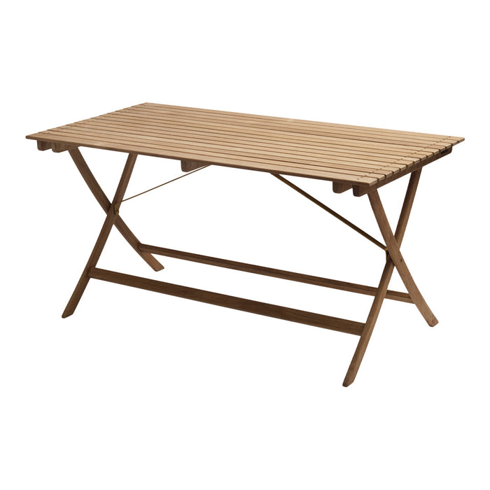 Light brown wooden folding table with slatted surface and cross-leg design, perfect for outdoor settings.