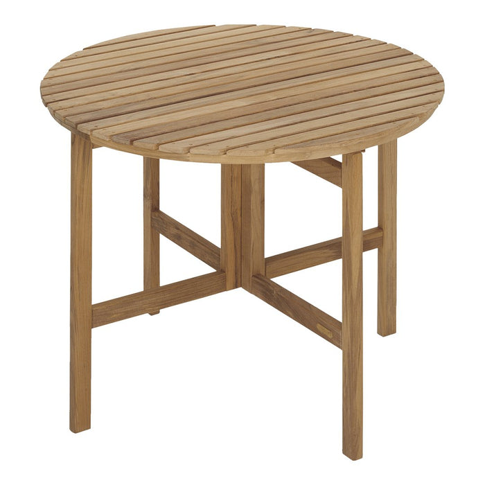 Round wooden table with a natural finish and slatted design, perfect for outdoor or indoor use.