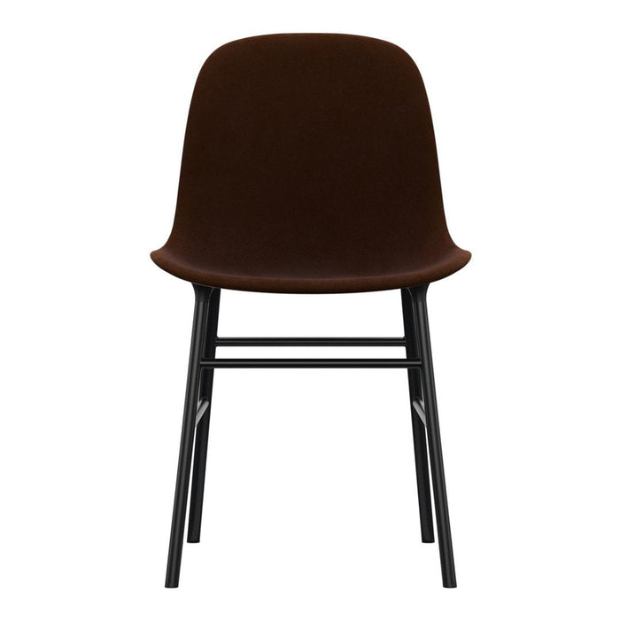 Brown velvet chair with a smooth finish and black metal legs for a modern, minimalist look.