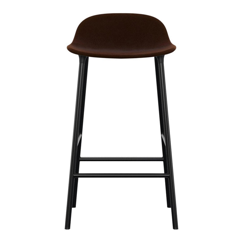 Brown upholstered stool with sleek black legs, featuring a smooth, modern design. Perfect for contemporary spaces.