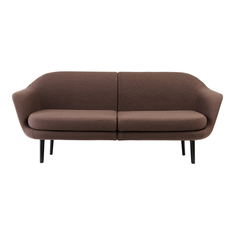 Brown upholstered sofa with sleek curves, featuring a minimalist design and black tapered legs. Ideal for modern decor.