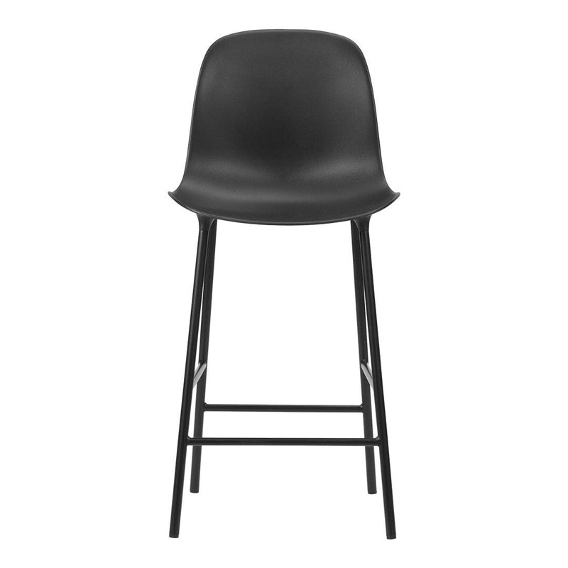 Stylish black bar stool with a sleek, matte finish and minimalist design featuring a sturdy black metal frame.