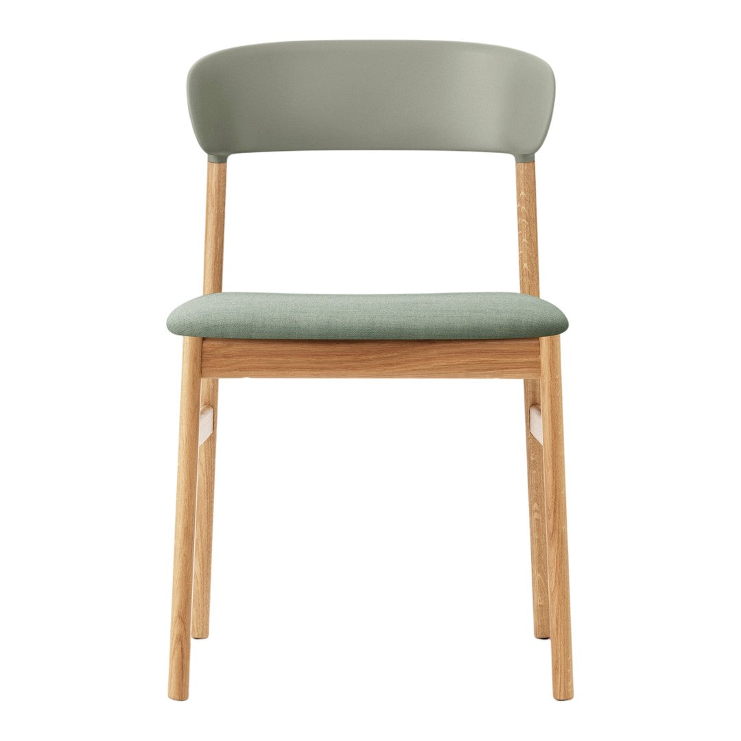 Green and light gray upholstered chair with natural wood legs, featuring a minimalist design and smooth lines.