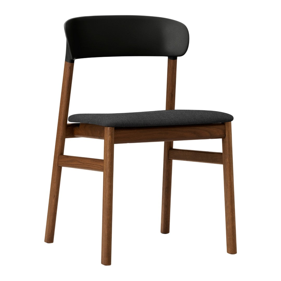 Black and wood-tone chair with a sleek, minimalist design, featuring a solid wood frame and upholstered seat.