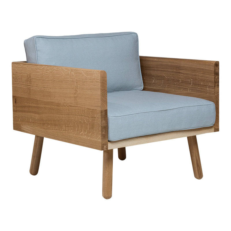 Light blue cushion chair with a natural wood frame and minimalist design. Perfect for modern decor.