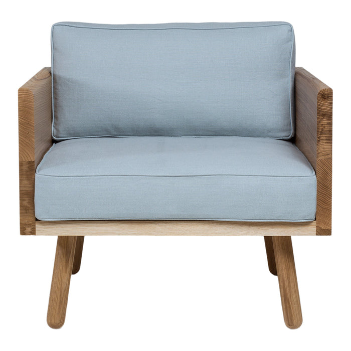 Light blue cushion with natural wood frame and legs, featuring a minimalist design. Perfect for modern decor.