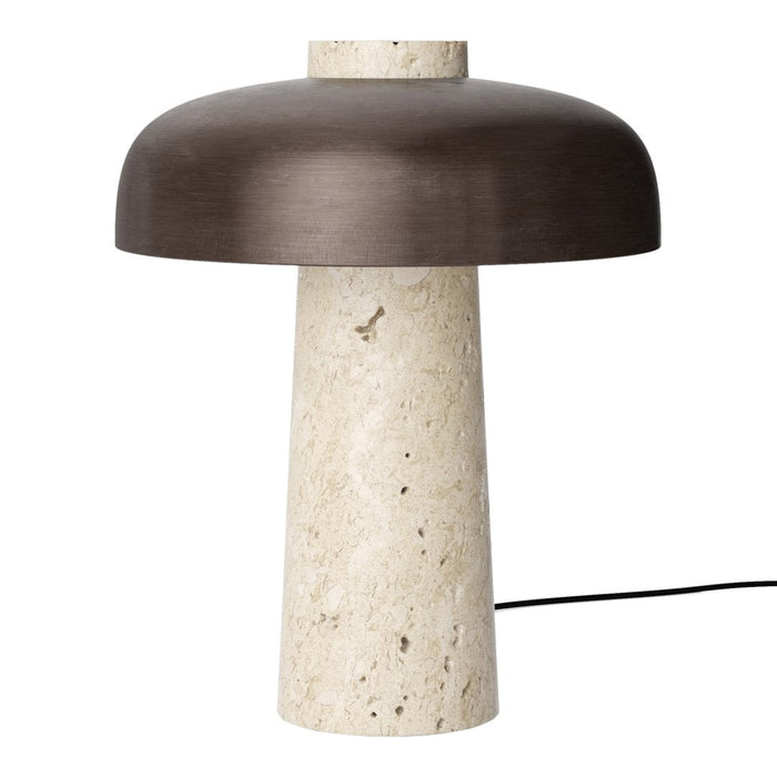 Brown metal shade and textured cream stone base lamp, showcasing a minimalist design with contrasting colors.