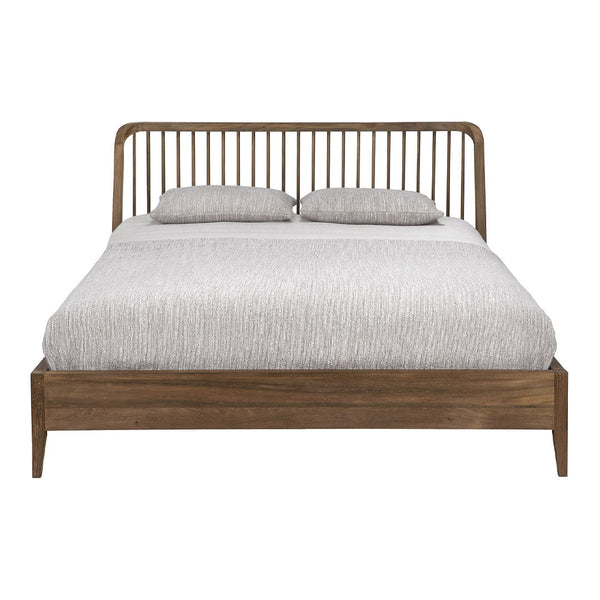 Natural wood bed frame with a minimalist design, featuring a soft grey striped mattress cover.