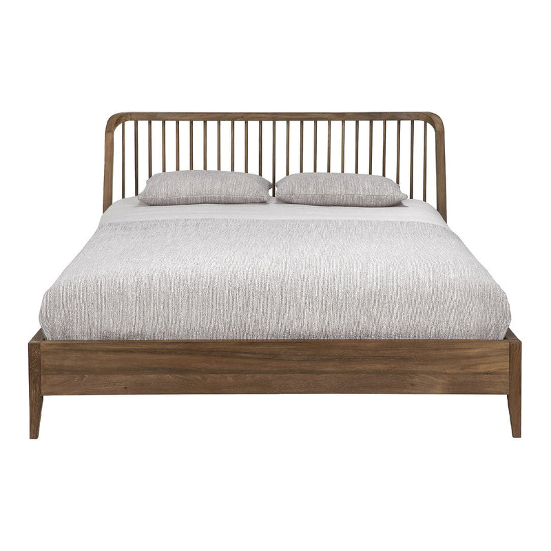 Natural wood bed frame with a minimalist design, featuring a soft grey striped mattress cover.