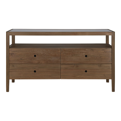 Wooden console table in rich brown with subtle grain patterns and sleek black drawer knobs. Modern and elegant design.