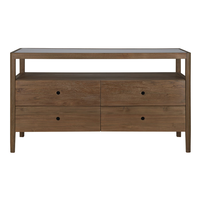 Wooden console table in rich brown with subtle grain patterns and sleek black drawer knobs. Modern and elegant design.
