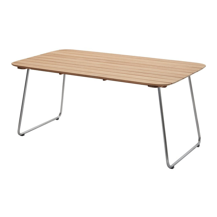 Wooden slatted tabletop with a light natural finish and sleek silver metal legs, perfect for modern decor.