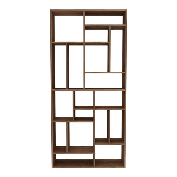 Modern wooden bookshelf with a geometric pattern in warm brown tones, featuring various sized open compartments.