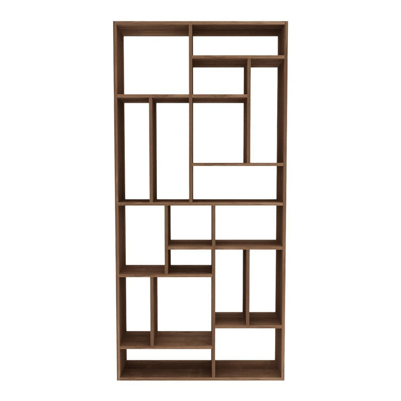 Modern wooden bookshelf with a geometric pattern in warm brown tones, featuring various sized open compartments.