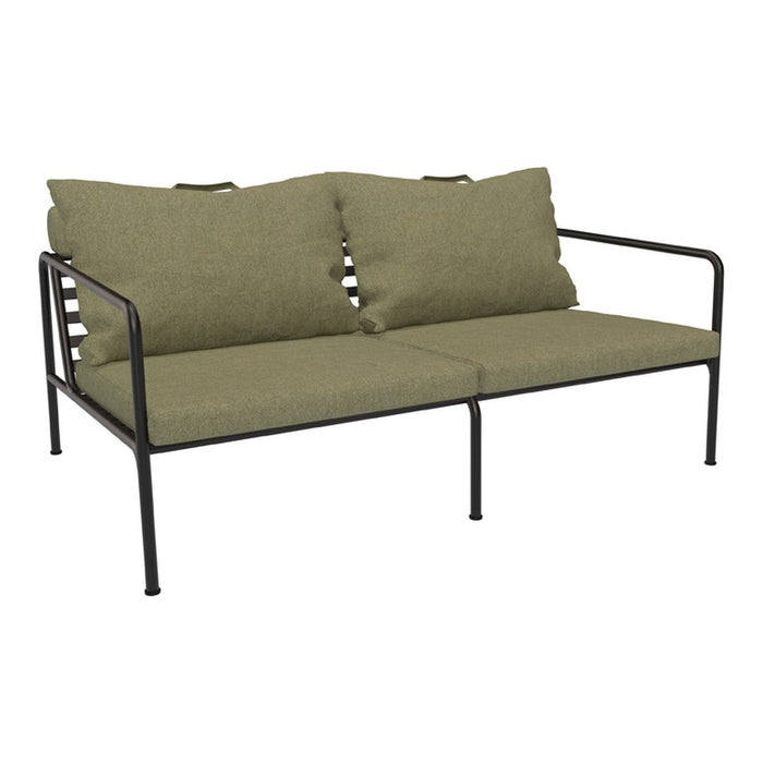Olive green fabric cushions on a sleek black metal frame, creating a modern and stylish two-seater sofa.
