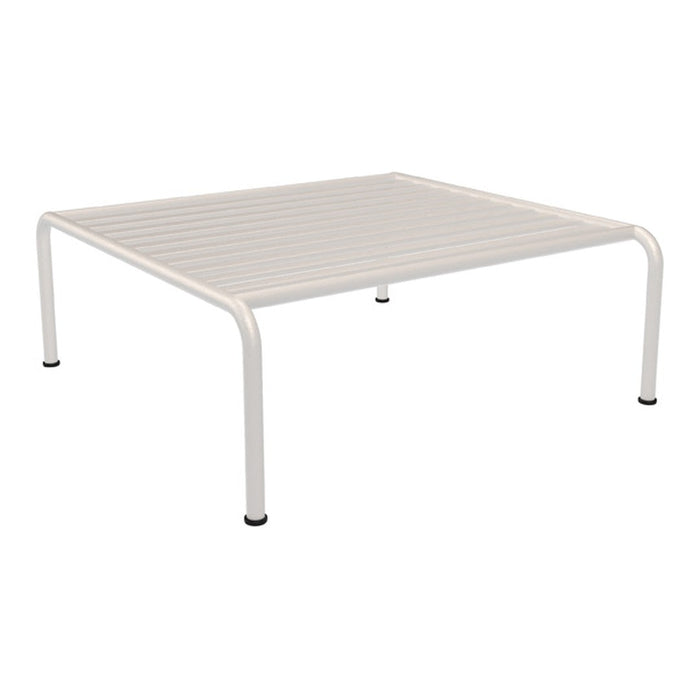 White metal platform with a sleek, slatted design and black feet, ideal for modern decor.