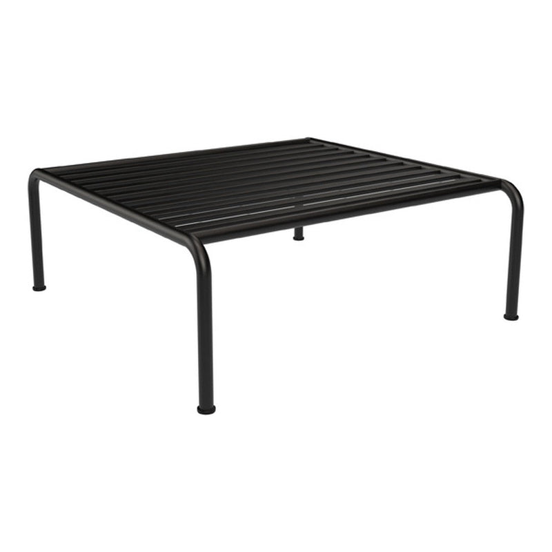 Black metal platform with a sleek, striped design and sturdy legs, perfect for modern home decor.