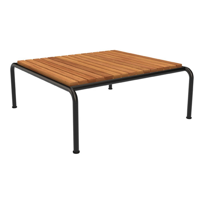 Square wooden coffee table with slatted natural wood surface and black metal legs. Modern design in warm tones.