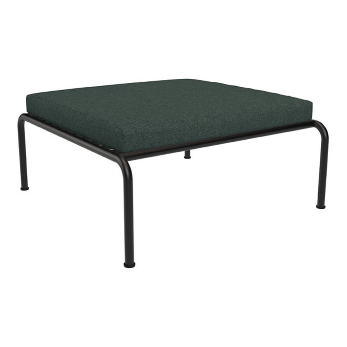 Dark green cushioned ottoman with a sleek black metal frame, perfect for modern decor.