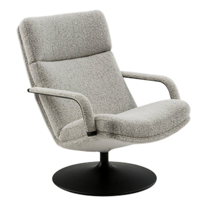 Grey textured lounge chair with a smooth black swivel base. Modern design perfect for contemporary interiors.