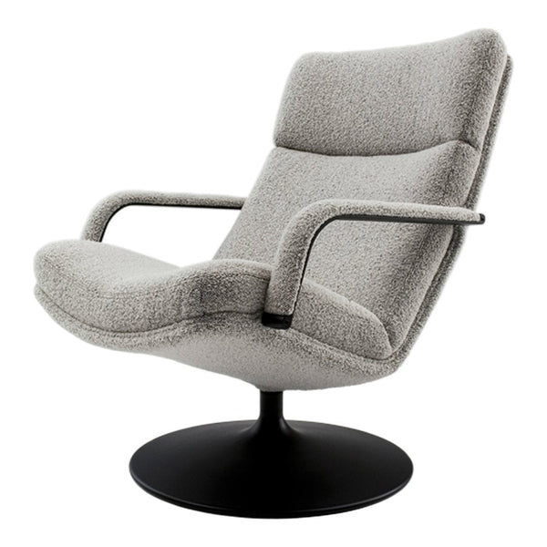 Gray textured fabric armchair with sleek black base, featuring a minimalist modern design. Perfect for contemporary décor.
