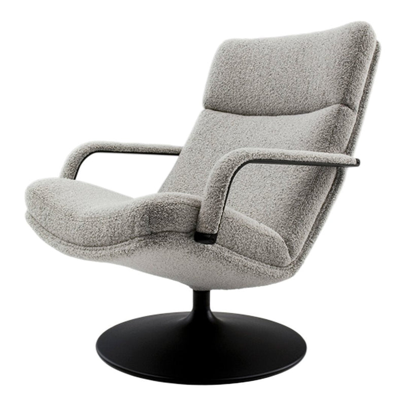 Gray textured fabric armchair with sleek black base, featuring a minimalist modern design. Perfect for contemporary décor.