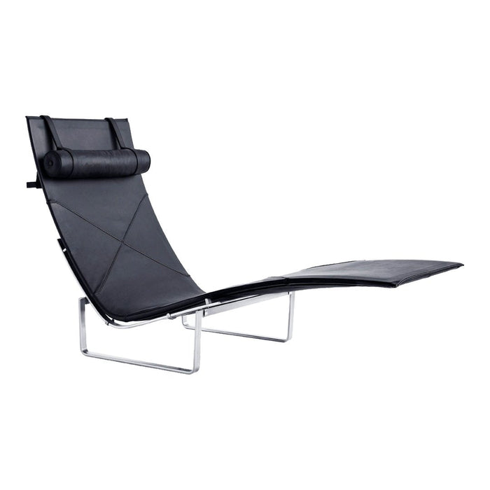 Sleek black chaise lounge with smooth leather upholstery and minimalist chrome frame, featuring a modern design.