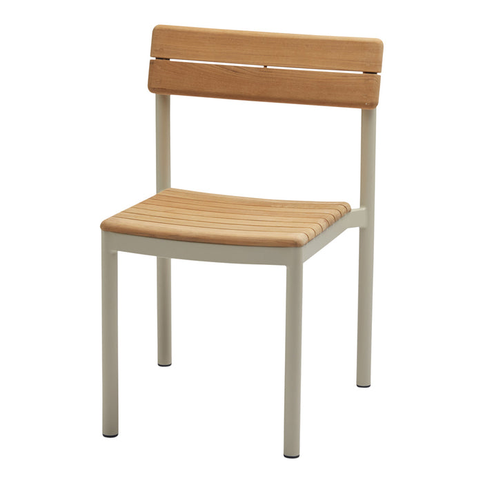 Light beige chair with a natural wood seat and backrest, featuring sleek, minimalist design and smooth lines.