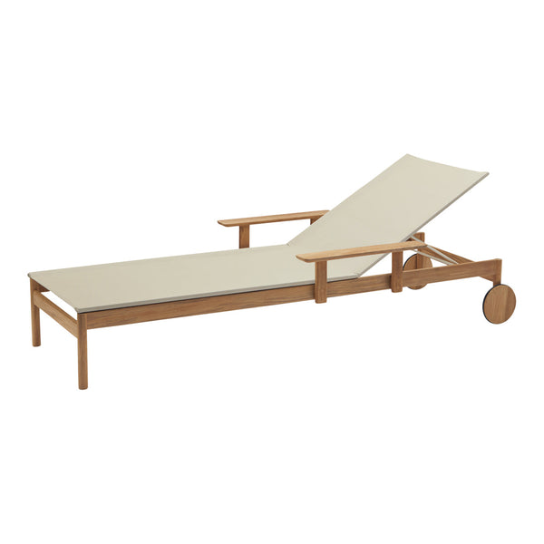 Light beige lounger with a natural wood frame, featuring a simple, clean design and smooth lines. Perfect for outdoor relaxation.
