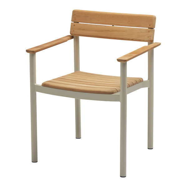 Beige and natural wood armchair with a minimalist design and striped seat pattern. Perfect for indoor or outdoor use.