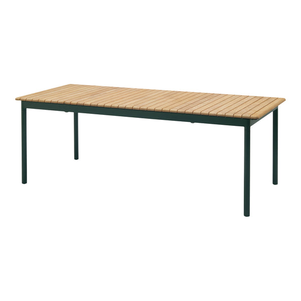 Natural wood finish on top with dark green metal legs, featuring a slatted design for a modern look.