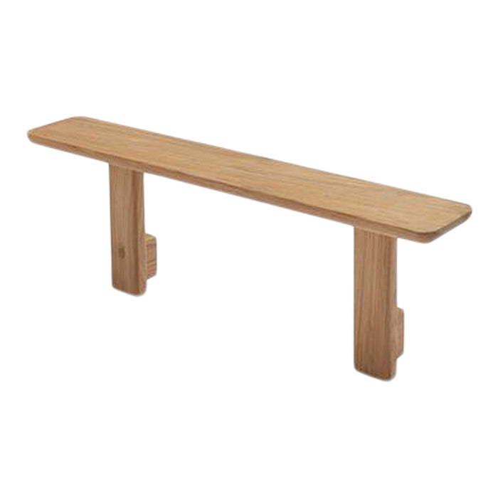 Natural wood bench with a smooth, light oak finish. Simple and elegant design, showcasing clean lines and solid structure.