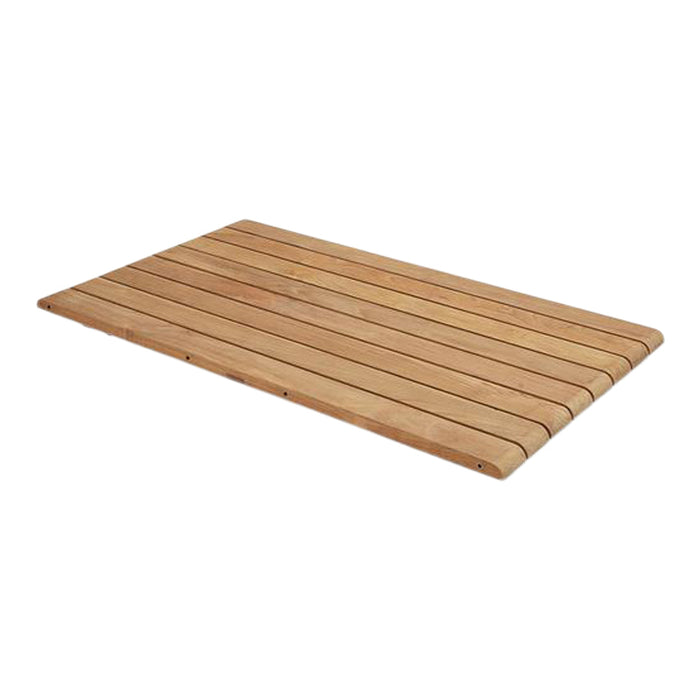 Natural wood mat with a striped pattern in warm tones, showcasing smooth, polished slats. Perfect for any space.