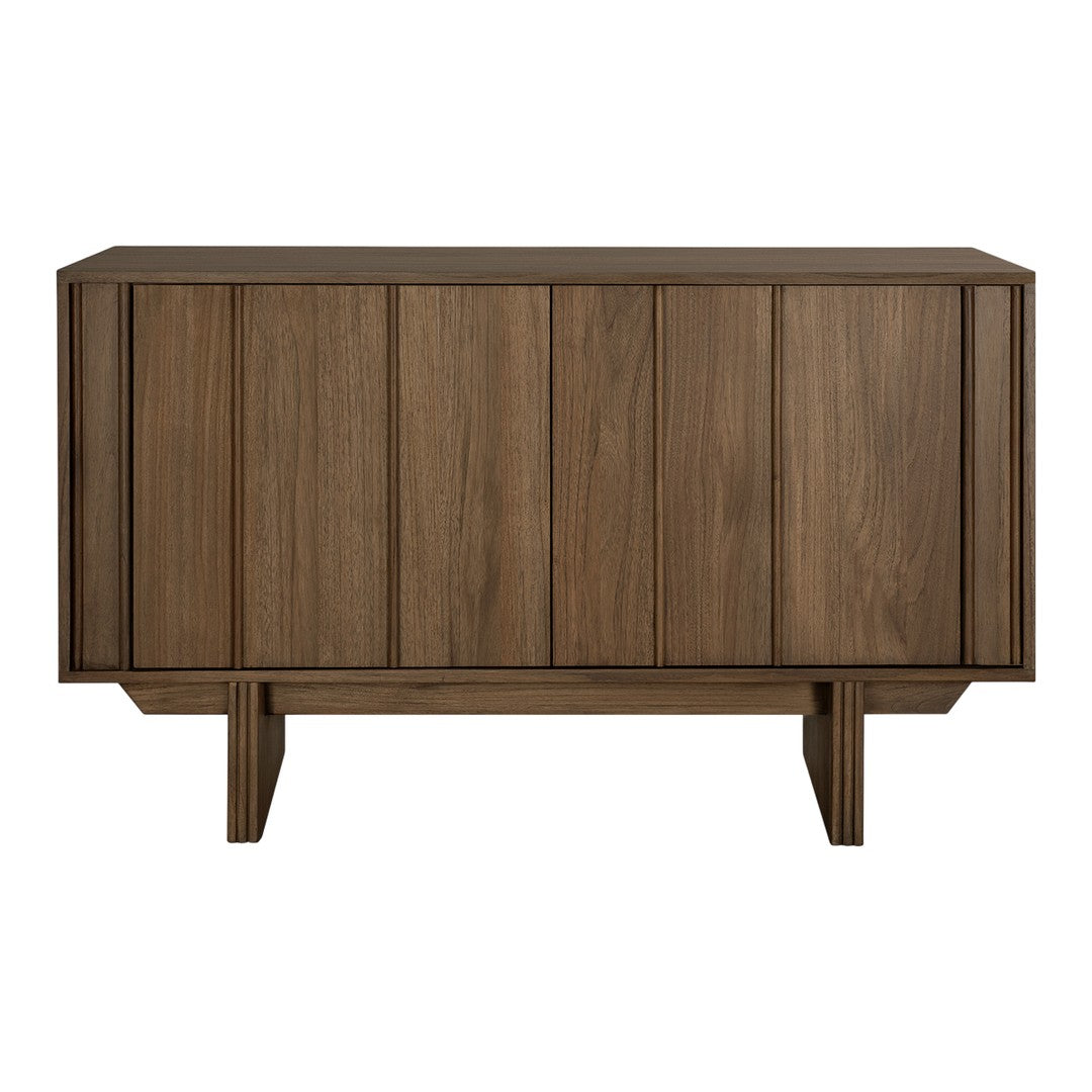 "Stylish walnut cabinet with smooth, vertical wood grain and a rich brown finish."