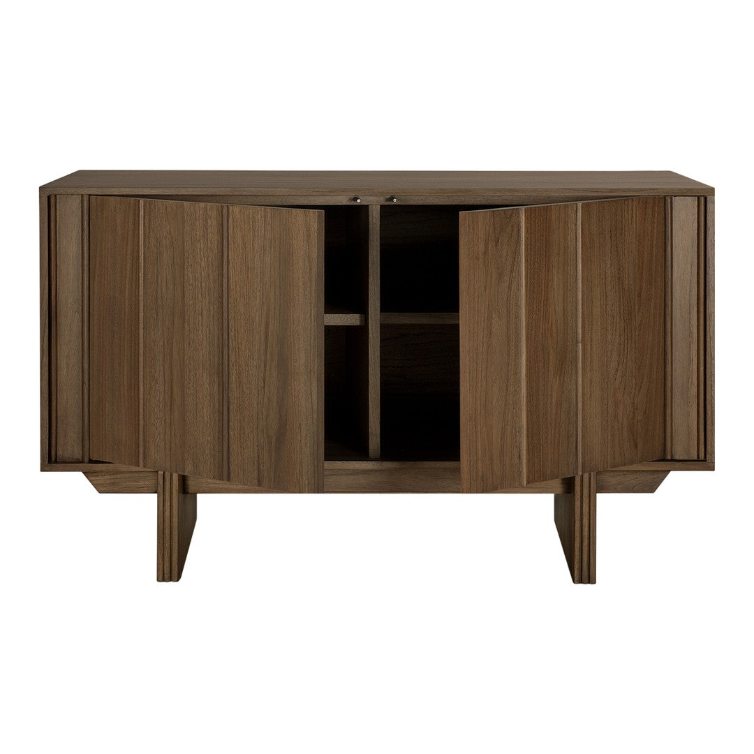 Wooden storage cabinet in rich brown tones with a smooth finish and sleek lines. Ideal for modern decor.